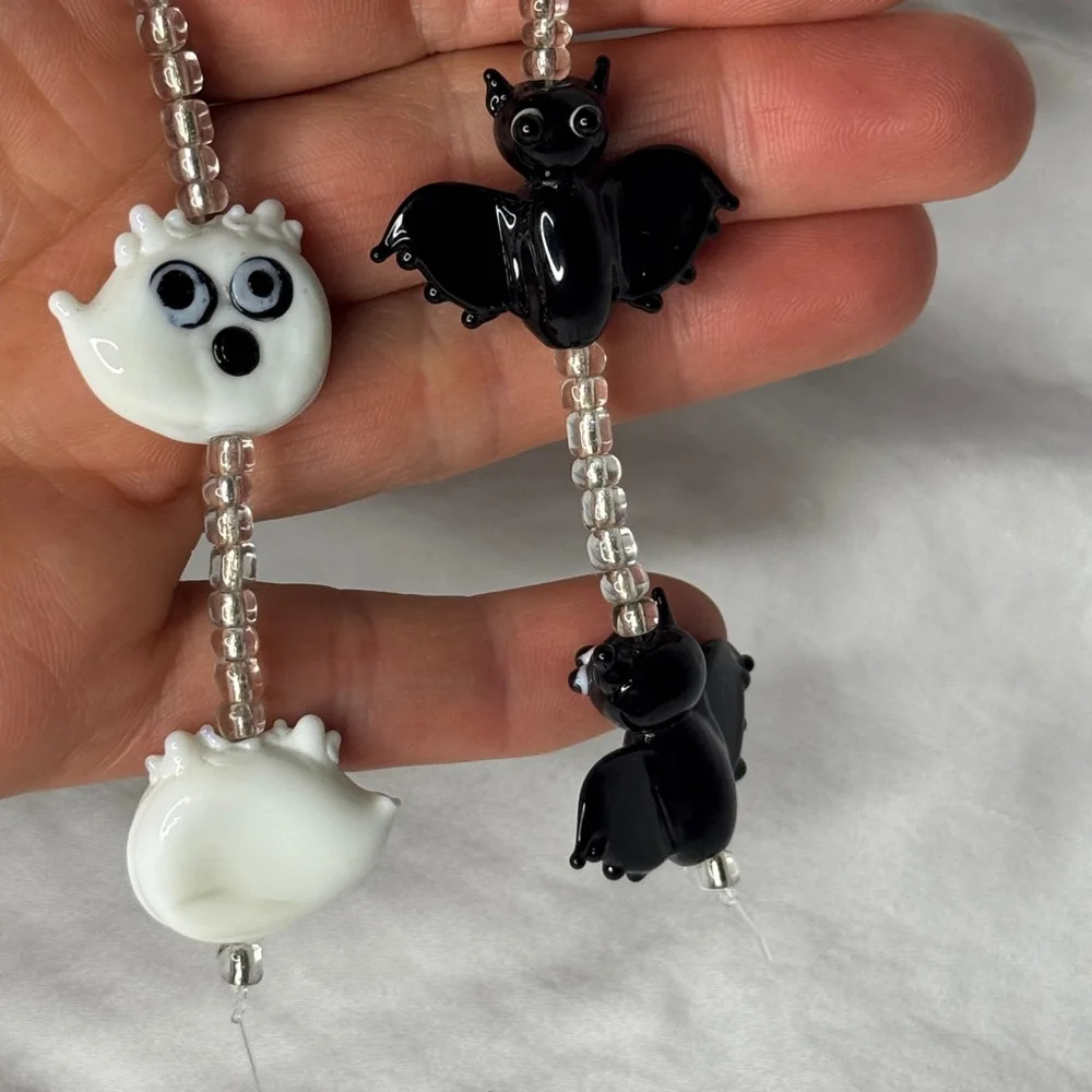 Bead Landing Glass Ghost & Bats Beads, Lampwork Halloween Handmade NWT